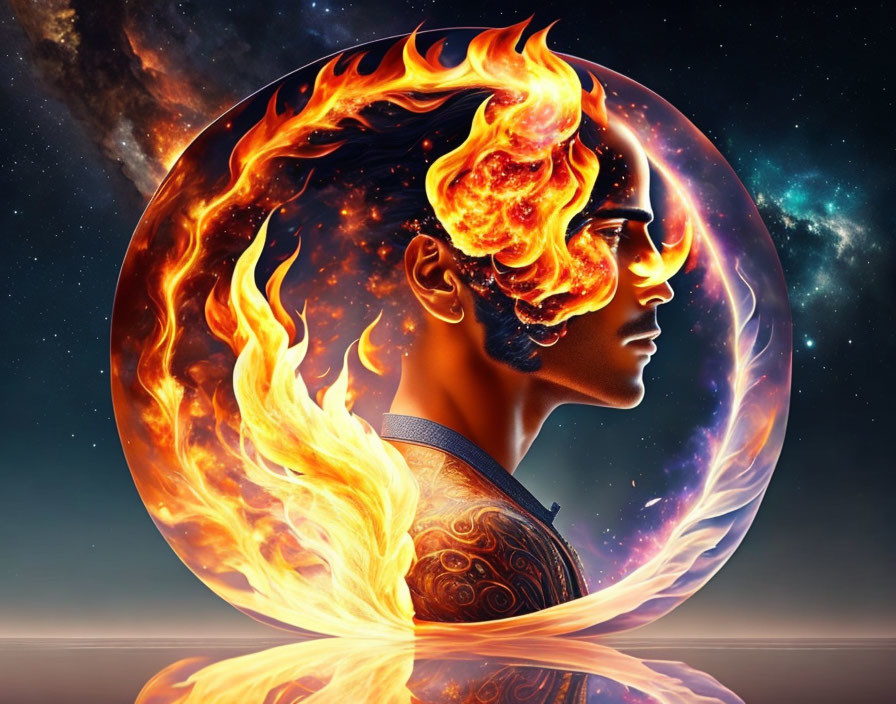 Digital artwork: Person profile with fiery hair and phoenix, cosmic sky backdrop