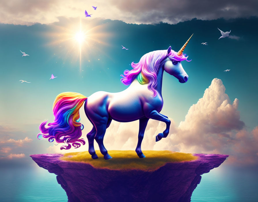 Colorful unicorn with rainbow mane on cliff under dramatic sky