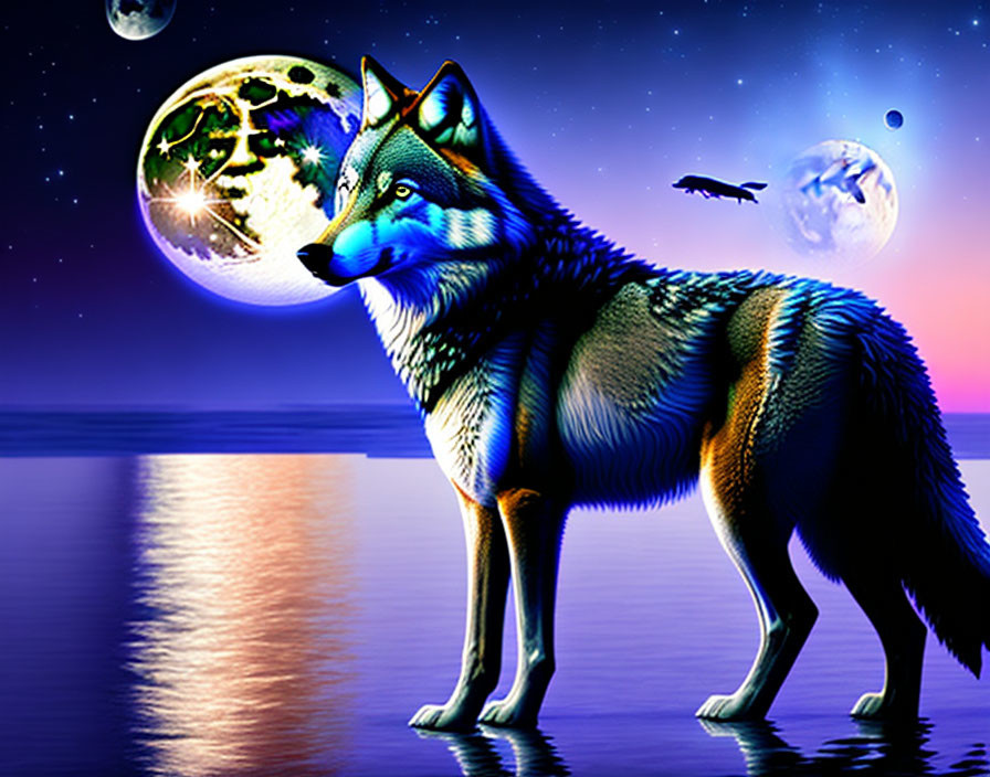 Colorful Wolf in Cosmic Setting with Planets and Night Sky