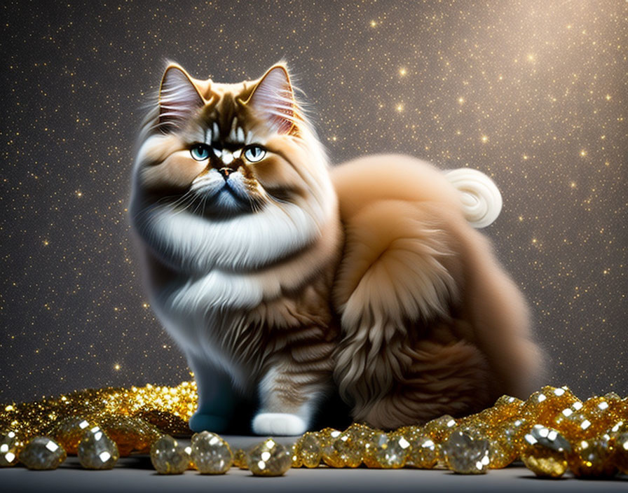 Fluffy Cat with Striking Eyes on Golden Star Background