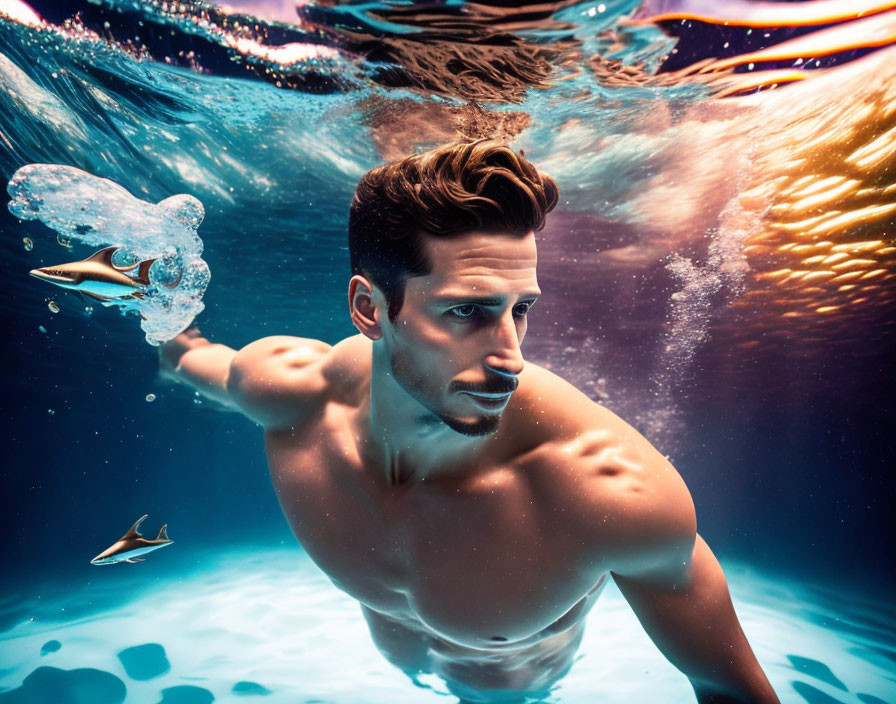 Muscular man with slicked-back hair swimming underwater in sunlit ocean