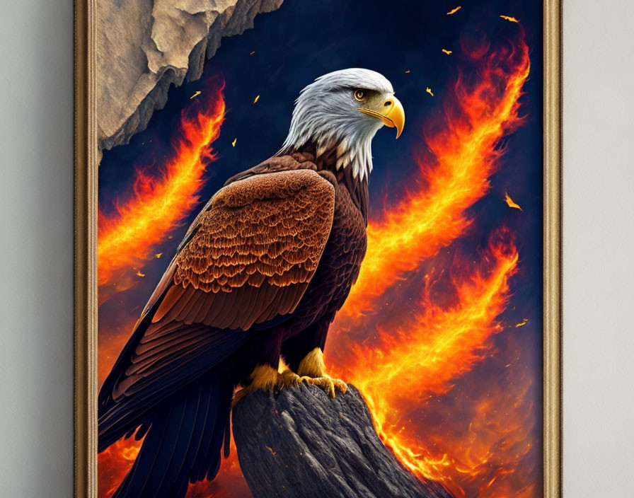 Majestic bald eagle perched on rock against fiery backdrop