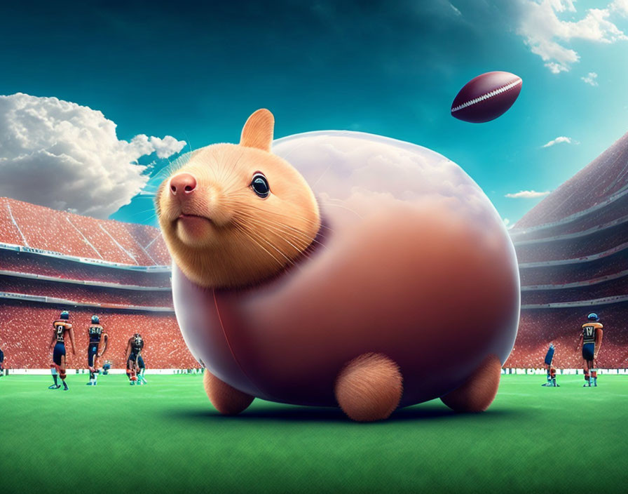 Oversized squirrel on football field with tiny players