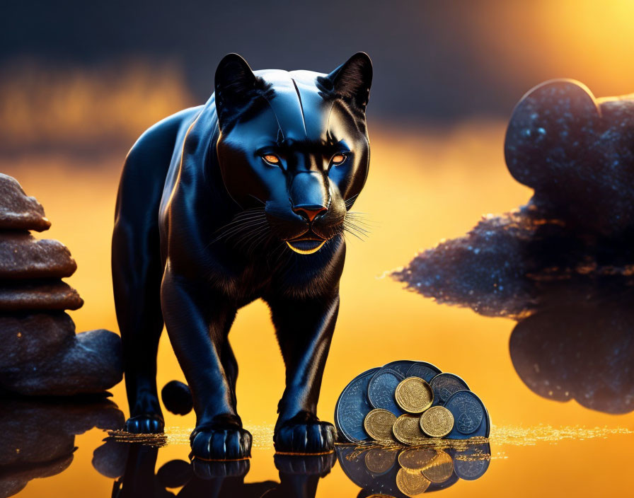 Black Panther Guarding Coins in Glowing Orange Setting