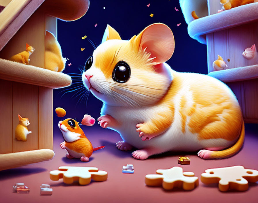 Colorful Room with Oversized Cartoon-Like Hamsters Interacting