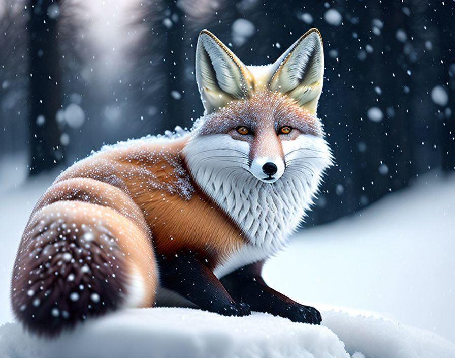 Red Fox Covered in Snowflakes Sitting in Winter Scene