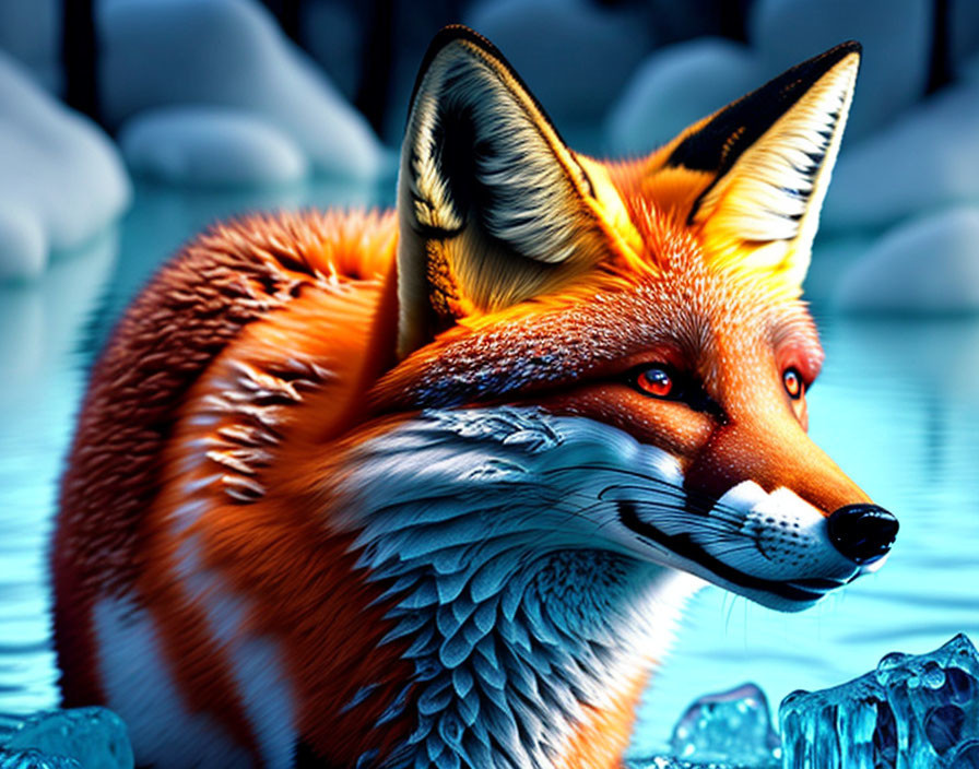 Detailed digital artwork: Red fox with vibrant colors on icy blue background