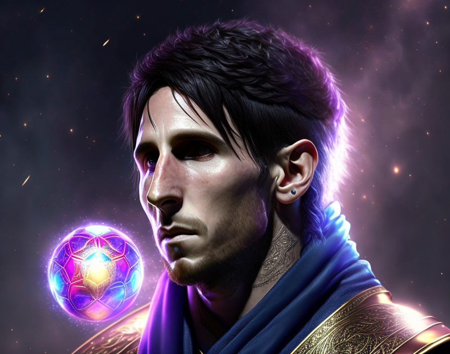 Futuristic digital artwork of a man with glowing orb and cosmic backdrop