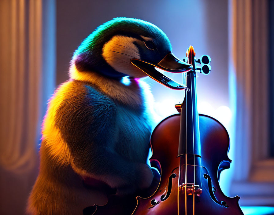 Serene anthropomorphic duck holding a violin with dramatic lighting