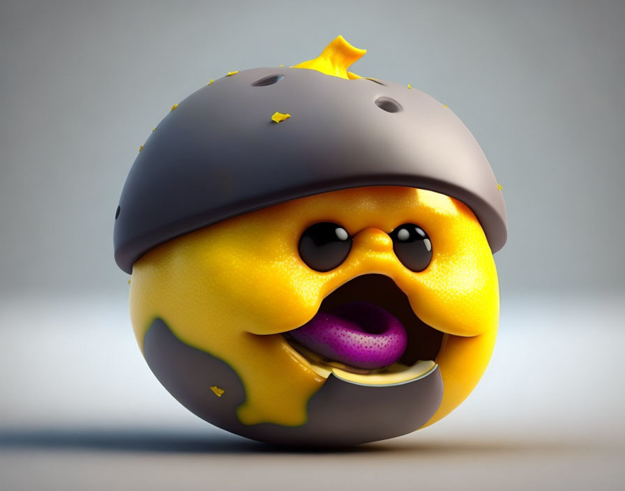 Yellow Star-Shaped Fruit Cartoon Character in Cracked Gray Helmet