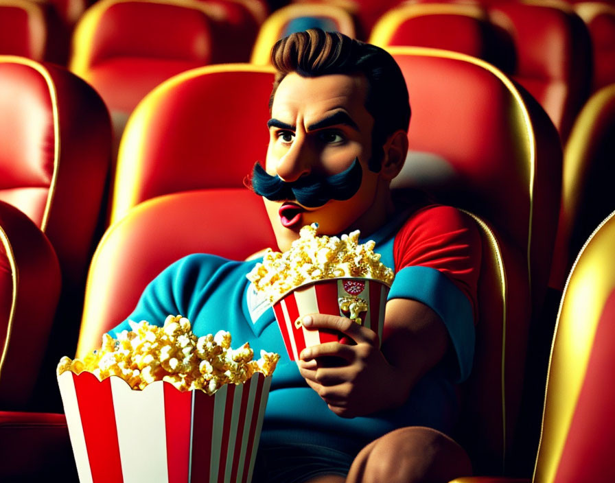 Animated character with mustache in cinema holding popcorn and drink