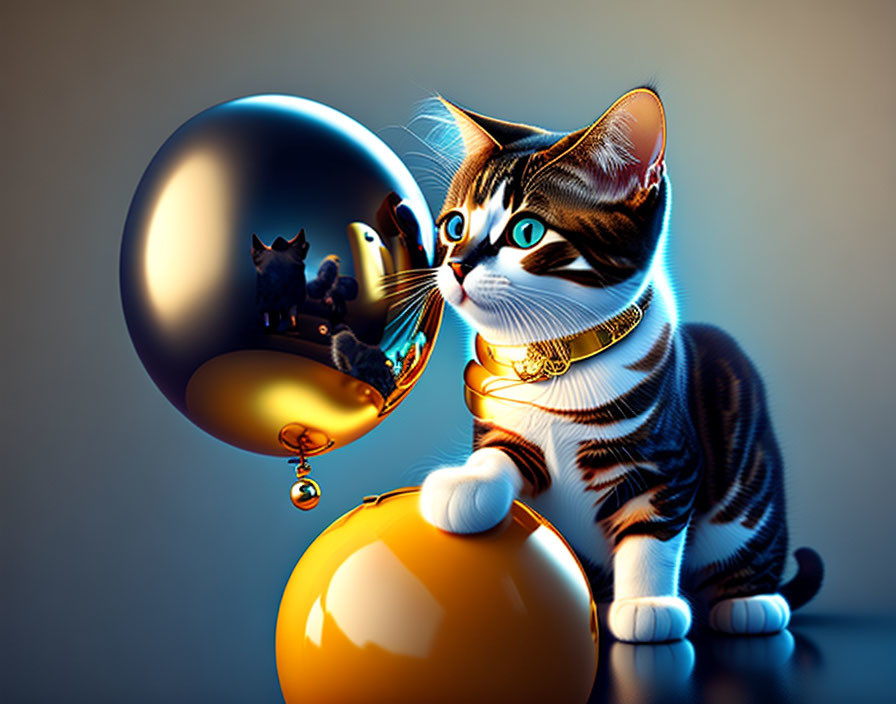 Curious cat with collar gazes at reflection in shiny golden orbs