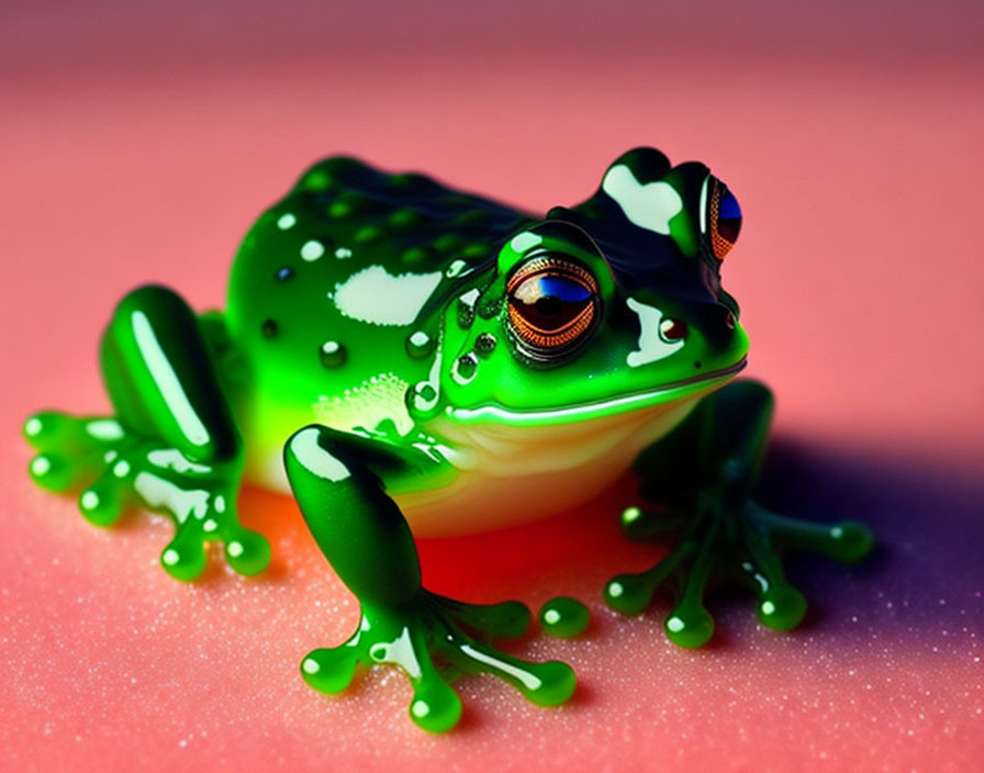 Colorful Toy Frog with Orange Eyes on Pink Background