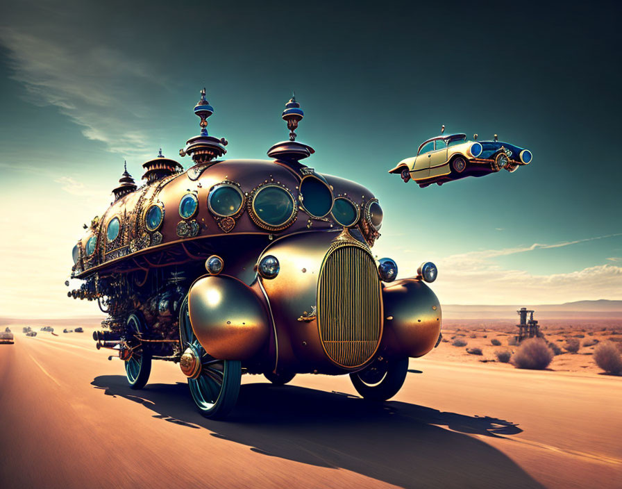 Steampunk-style vehicle in desert with ornate decorations & flying companion.