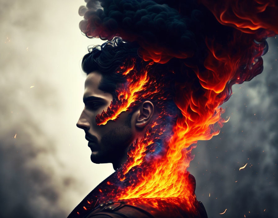 Profile view of man with flames and smoke creating intense visual impact