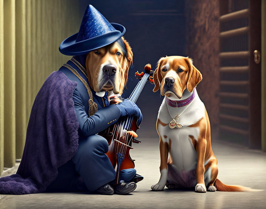 Two dogs in human attire, one playing violin, the other adorned with pearl necklace and medal