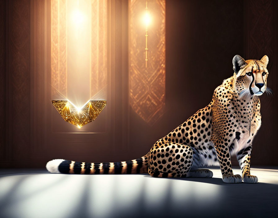 Majestic cheetah in luxurious room with glowing diamond shape