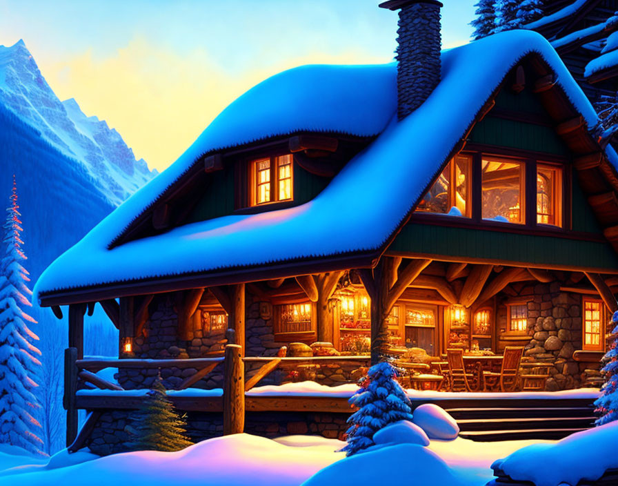 Snow-covered log cabin in tranquil winter landscape