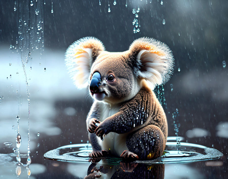 Koala in rain with reflective surface and expressive eyes