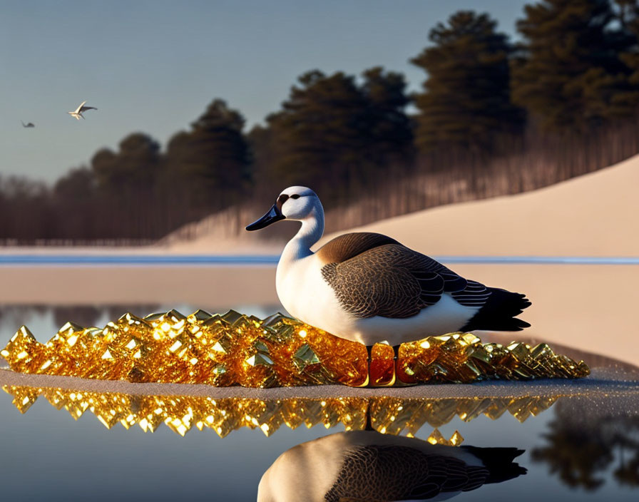 Duck resting on crystal by tranquil lake with forest background