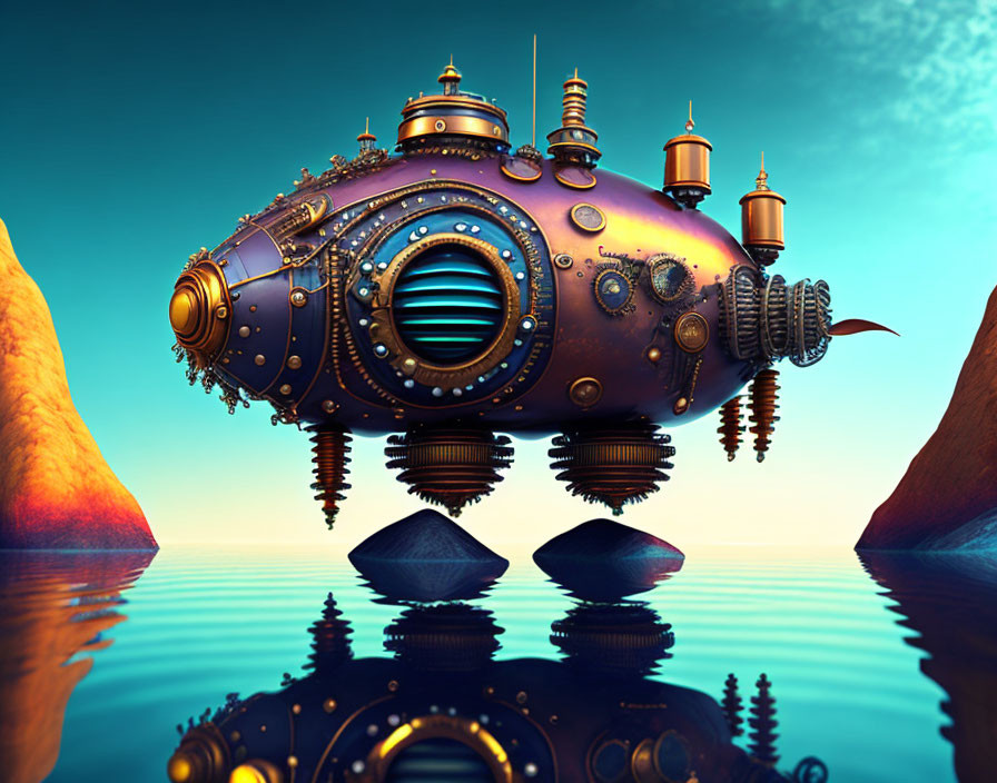 Steampunk submarine hovers over serene rock formations