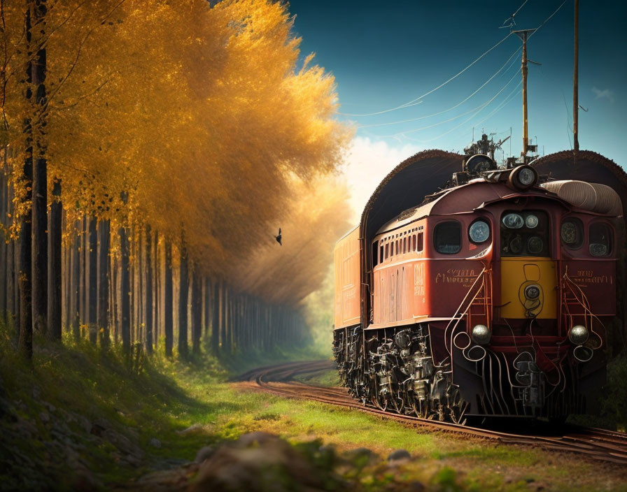 Vintage Train Curving Through Autumn Forest