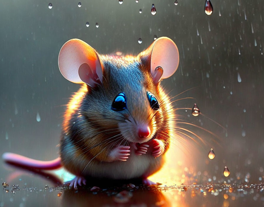 Illustrated cute mouse in gentle rain shower with large glossy eyes