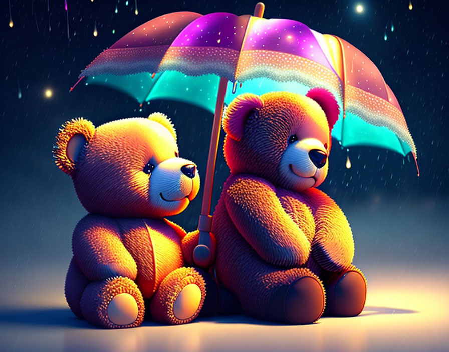 Teddy bears under colorful umbrella in rain at night