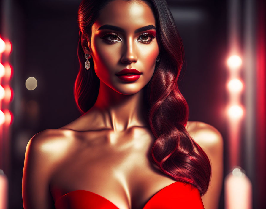 Glamorous woman in red dress and lipstick with wavy hair in elegant pose