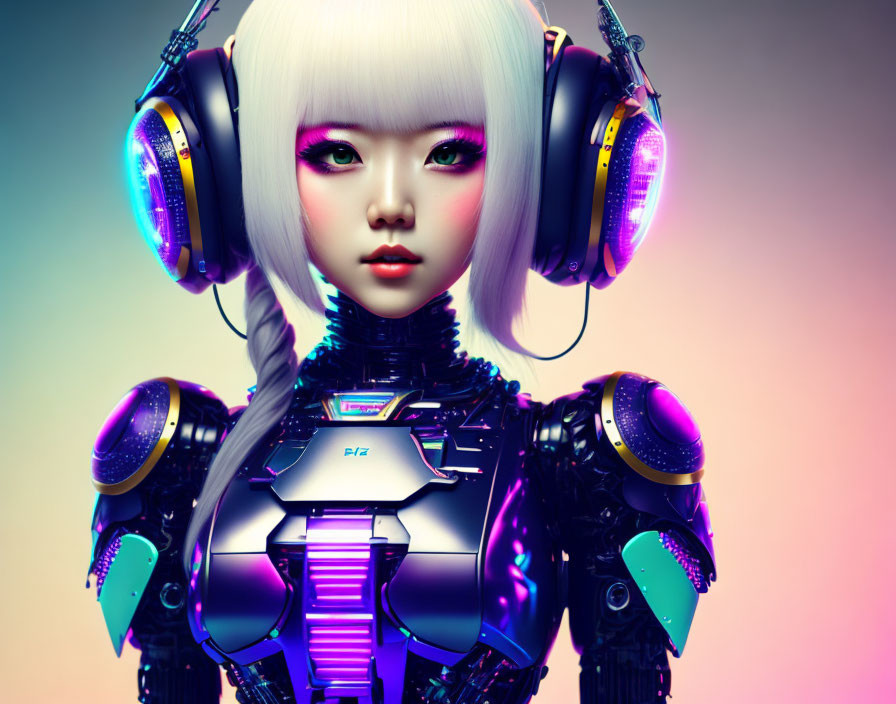 Futuristic female robot with white hair and neon-lit headphones on gradient backdrop