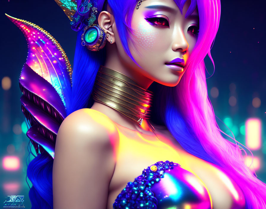 Digital Artwork: Woman with Purple Hair and Butterfly Wings in Neon Cityscape