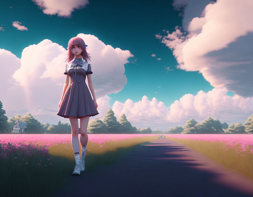 Stylized image of girl with pink hair in field of purple flowers