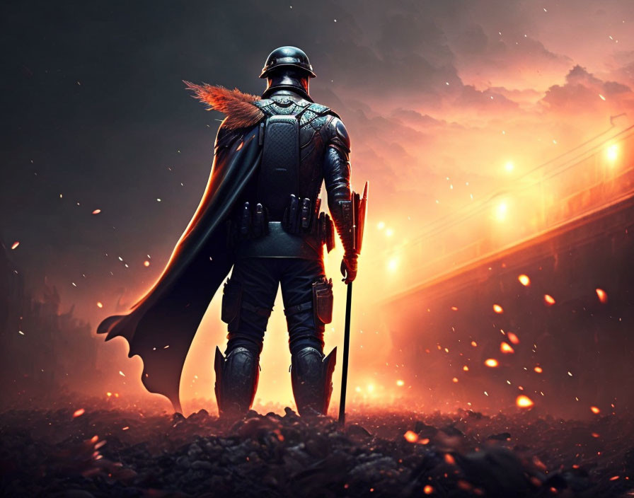 Knight in dark armor on fiery battlefield under dramatic sky