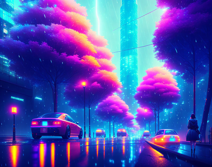 Vibrant pink and purple neon-lit cityscape at night with wet street and cars passing by