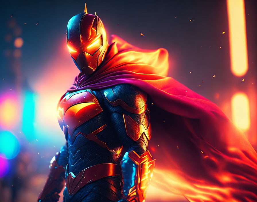 Armored superhero with red cape in neon-lit setting