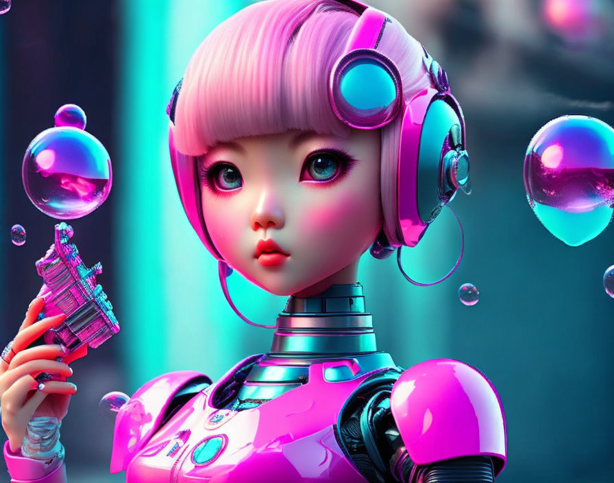 Futuristic digital artwork: Android girl with pink hair and headset surrounded by holographic bubbles