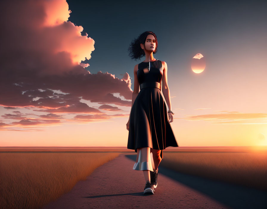 Woman walking on road through field at sunset with large sun and clouds.