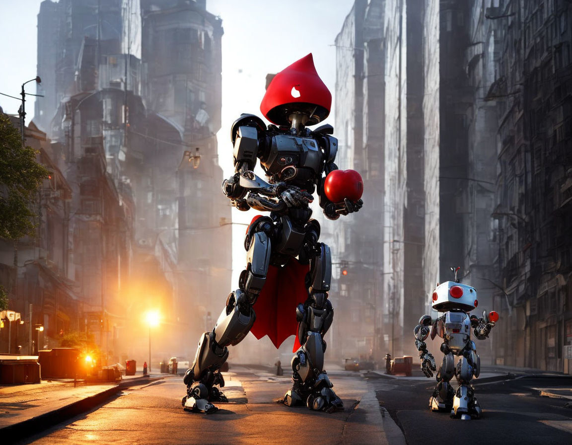 Large Robot with Red Hood Holding Apple in Empty City Street