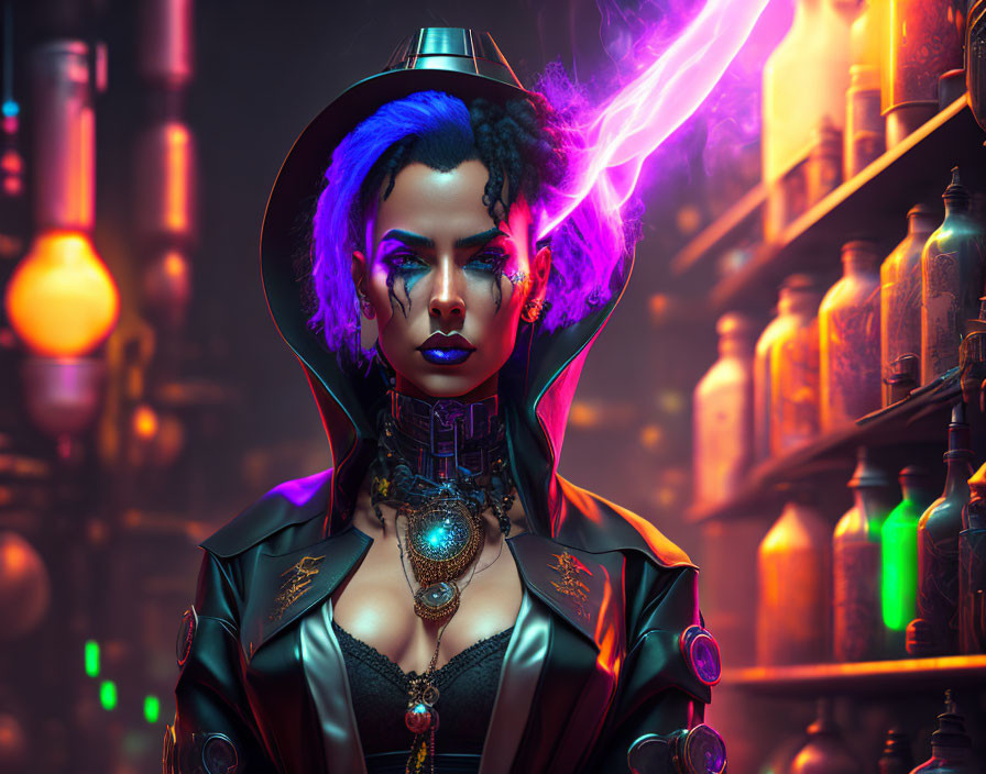 Futuristic female figure with blue hair and cybernetic enhancements in a laboratory setting.