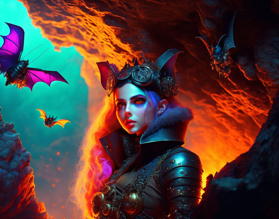 Colorful-haired female warrior in elaborate armor and crown in lava cave with flying creatures