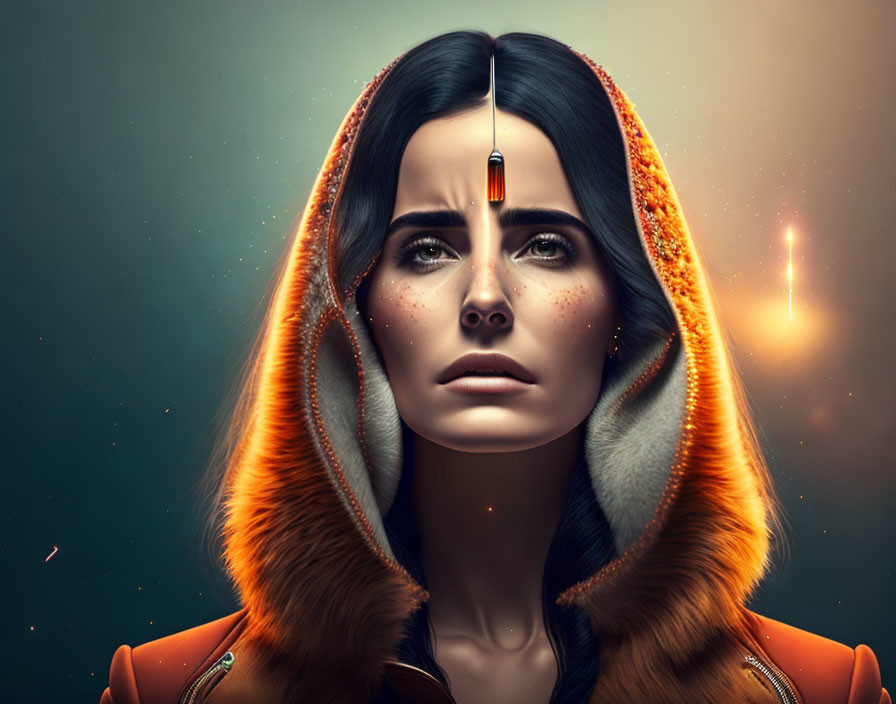 Digital artwork: Woman with dark hair, tears, orange fur-lined hood, glowing amber teardrop