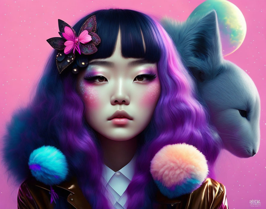 Digital artwork featuring girl with purple hair, butterfly accessory, surreal fox, on pink background