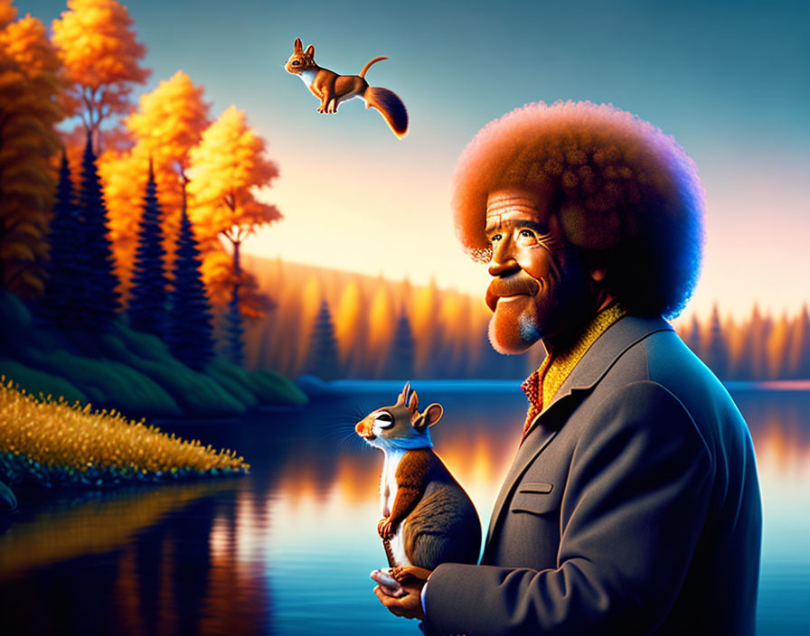 Illustration of man with afro by lake at sunset with squirrels, autumn trees