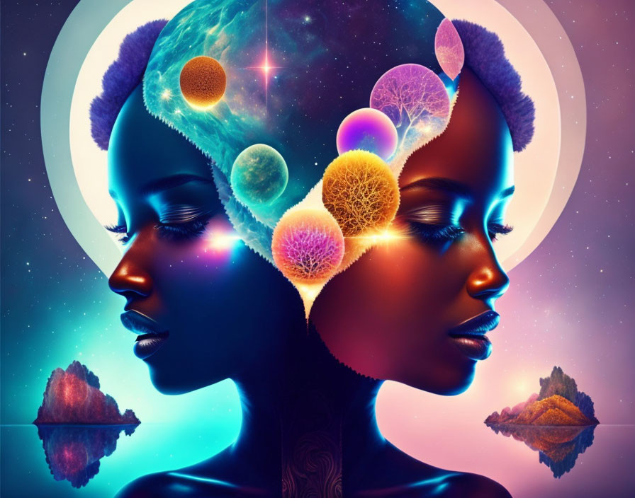 Colorful digital artwork: Mirrored profiles of woman with celestial and brain-like elements in serene setting