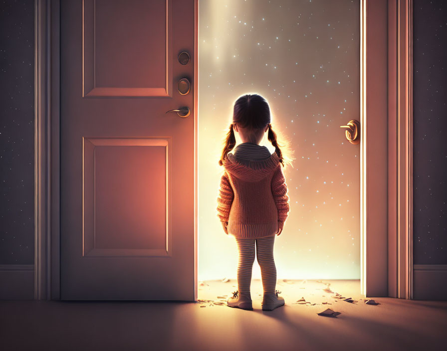 Child gazes at starry night sky through open door