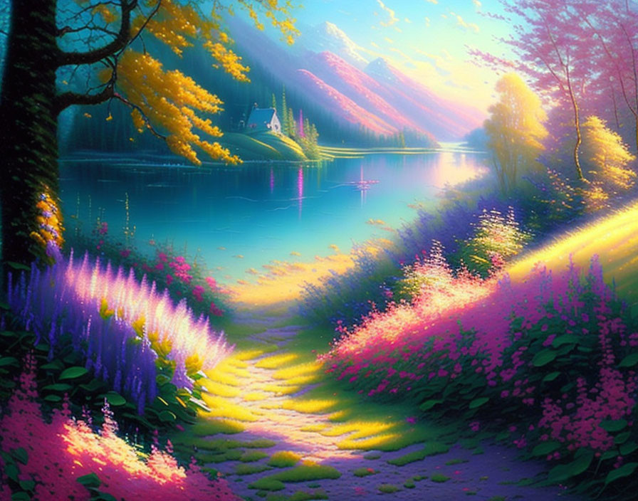 Colorful Landscape Painting with Lake, Floral Pathway, Mountains, and Cottage