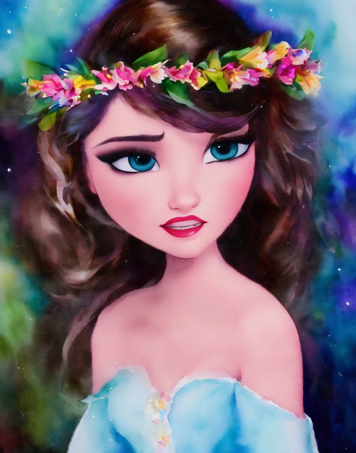 Illustrated portrait of girl with large turquoise eyes in floral wreath against colorful backdrop