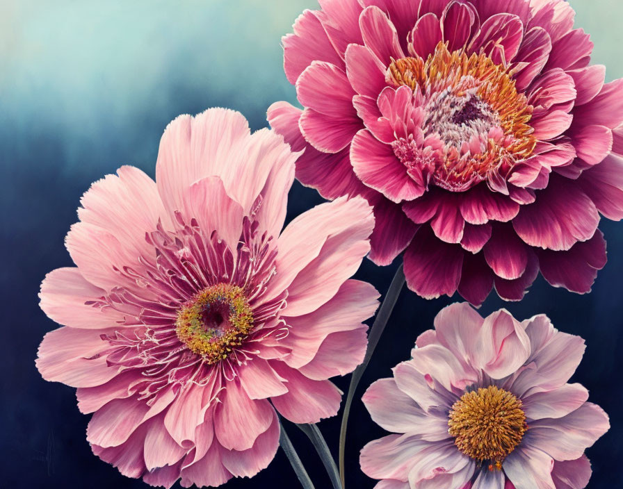 Detailed Pink Flowers with Prominent Stamens on Soft Blue-Grey Background