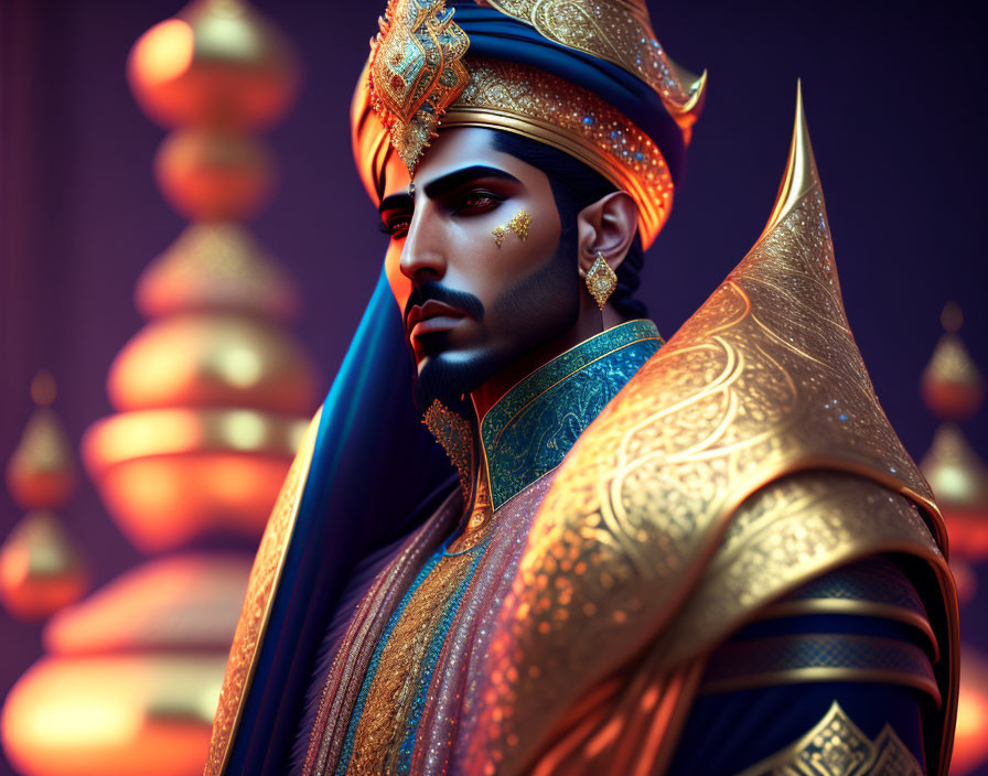 Majestic man in blue and gold attire with crown and cape in regal setting