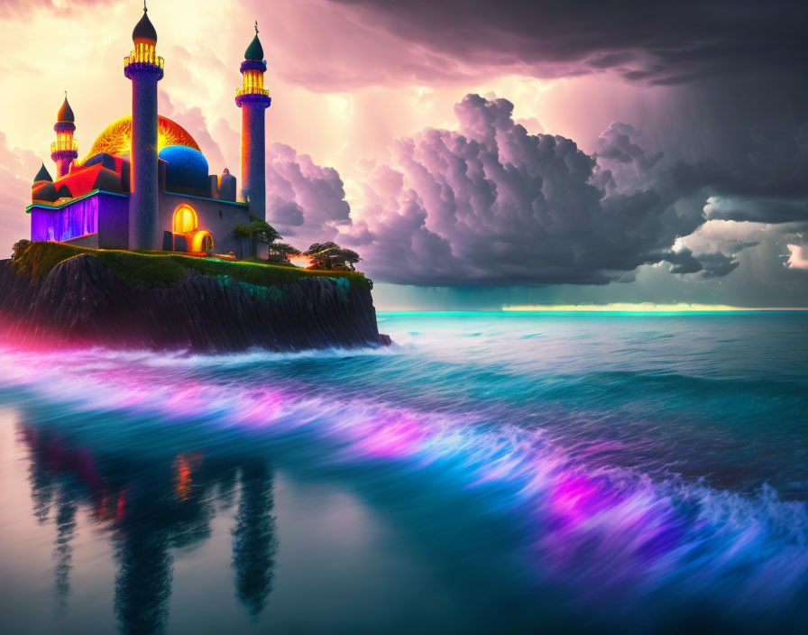 Mosque on Cliff with Illuminated Windows in Stormy Sky